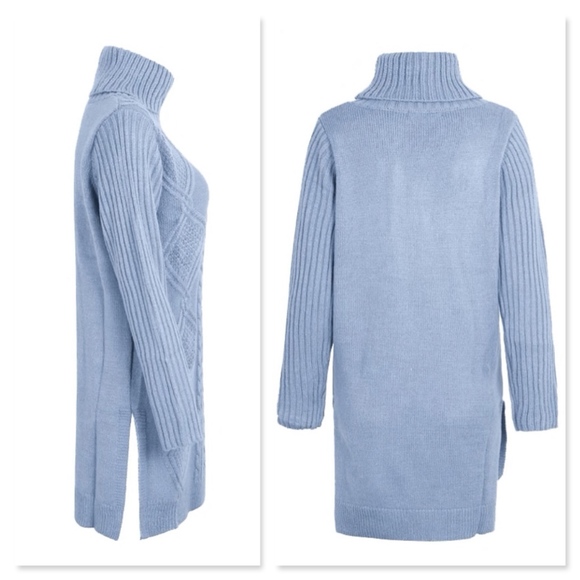 Blue Cable Knit Turtleneck Side Slit Sweater - Picture 6 of 8